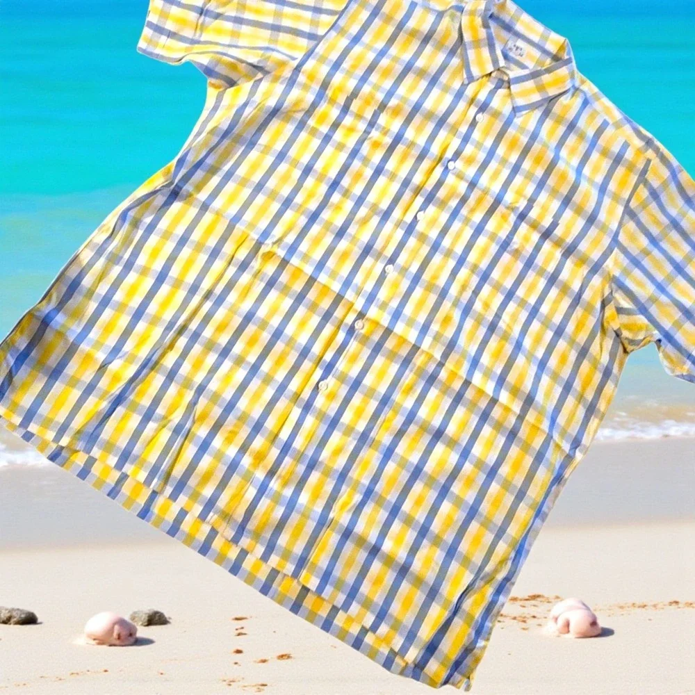 Vintage‎ Maus & Hoffman Cabana Shirt XXL Blue Yellow Check Cotton 80s 59